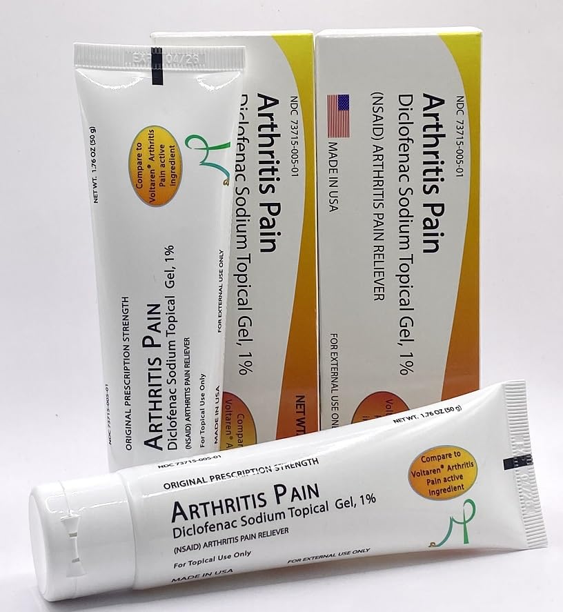 USA imported anti-inflammatory topical NSAID gel for localized hand and knee arthritis relief display.
