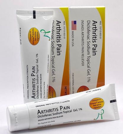 USA imported anti-inflammatory topical NSAID gel for localized hand and knee arthritis relief display.