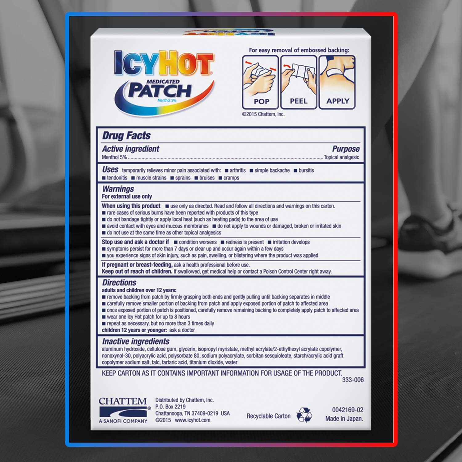 Side view of Icy Hot Extra Strength Medicated Patch box illustrating the small size dimensions for targeted application.