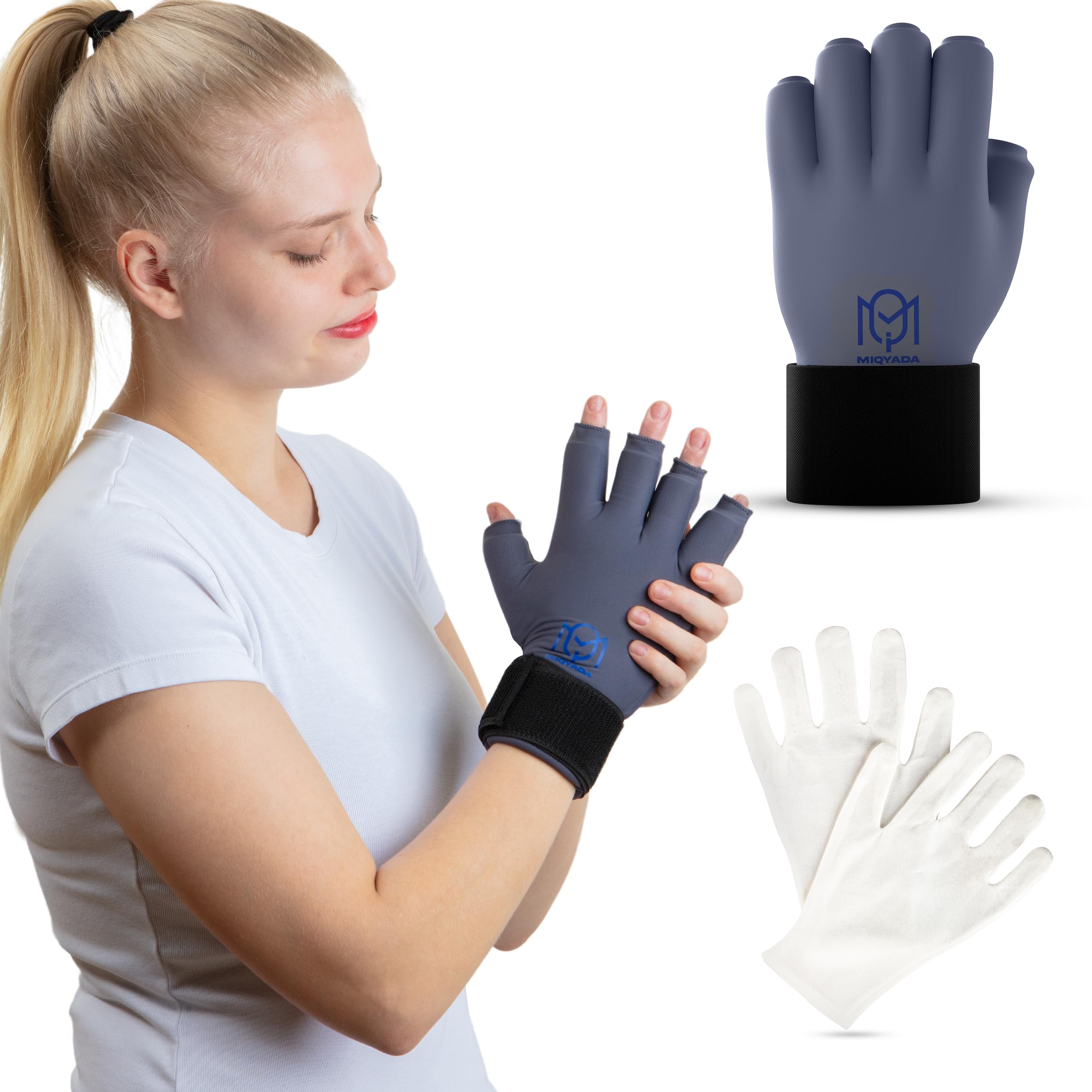Miqyada hand compression pack highlighting open finger design and adjustable velcro wrist closure.