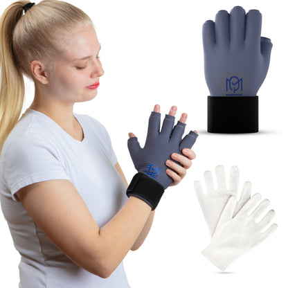 Miqyada hand compression pack highlighting open finger design and adjustable velcro wrist closure.