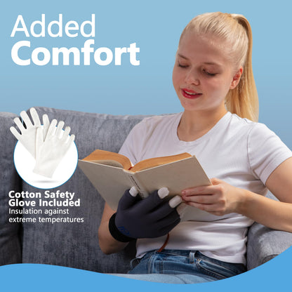 Miqyada hot cold wrap showing proper adjustment of the wrist strap for secure positioning.