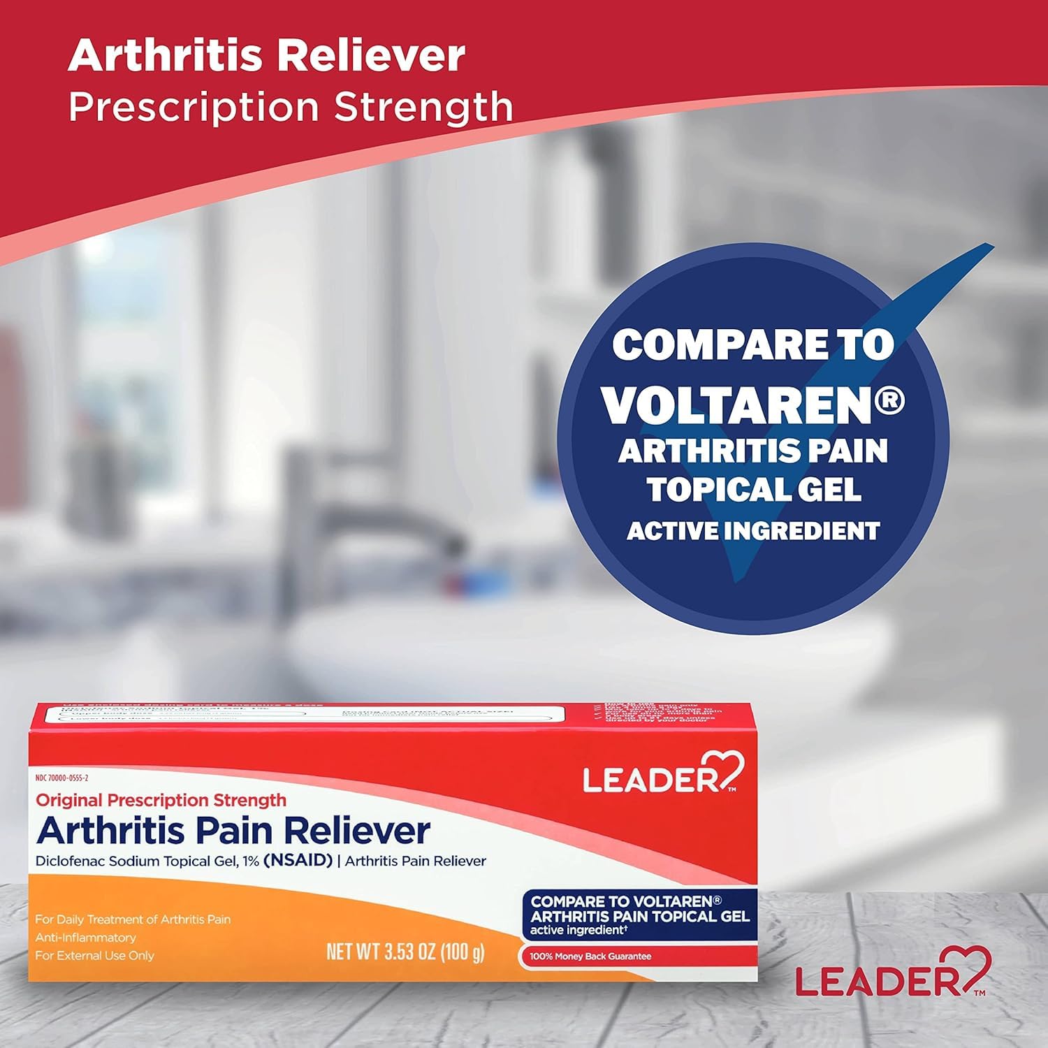 Leader nonsteroidal anti inflammatory drug gel tube detailing usage instructions and dosage.
