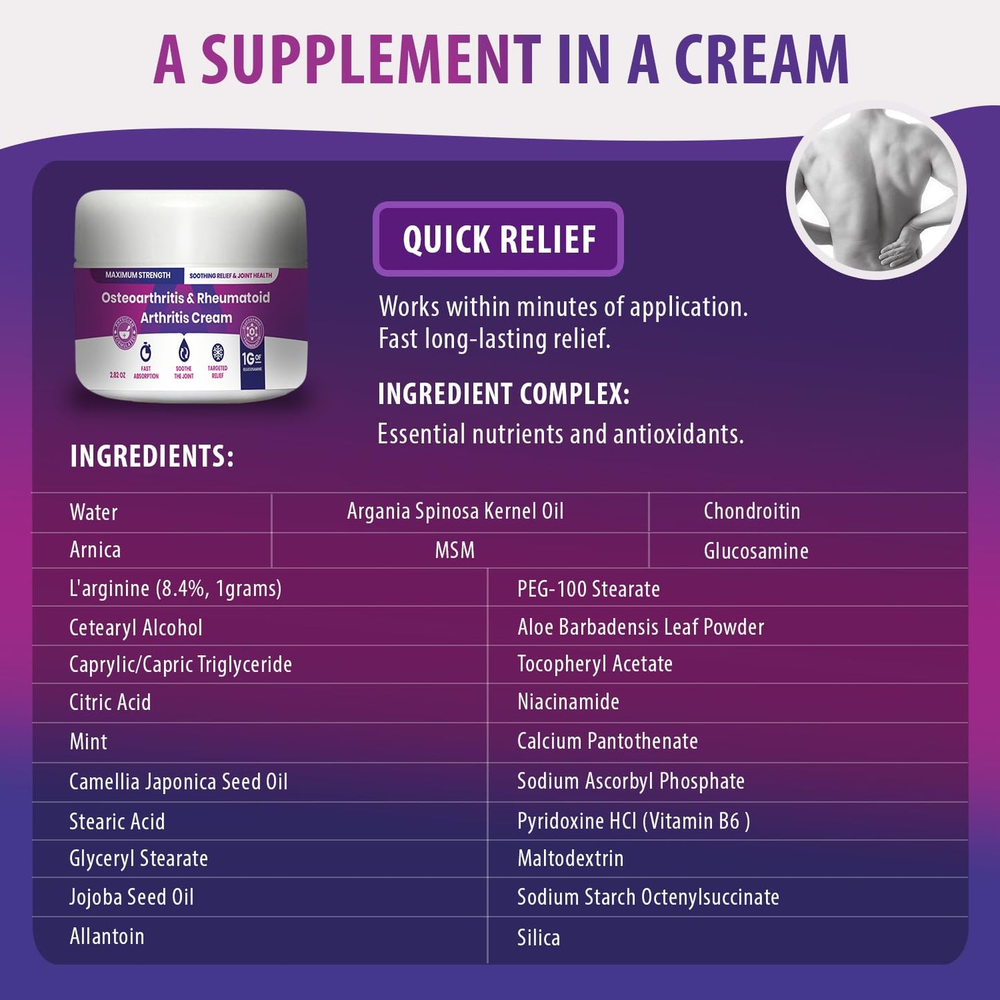 USA imported joint relief cream featuring glucosamine and arnica ingredients