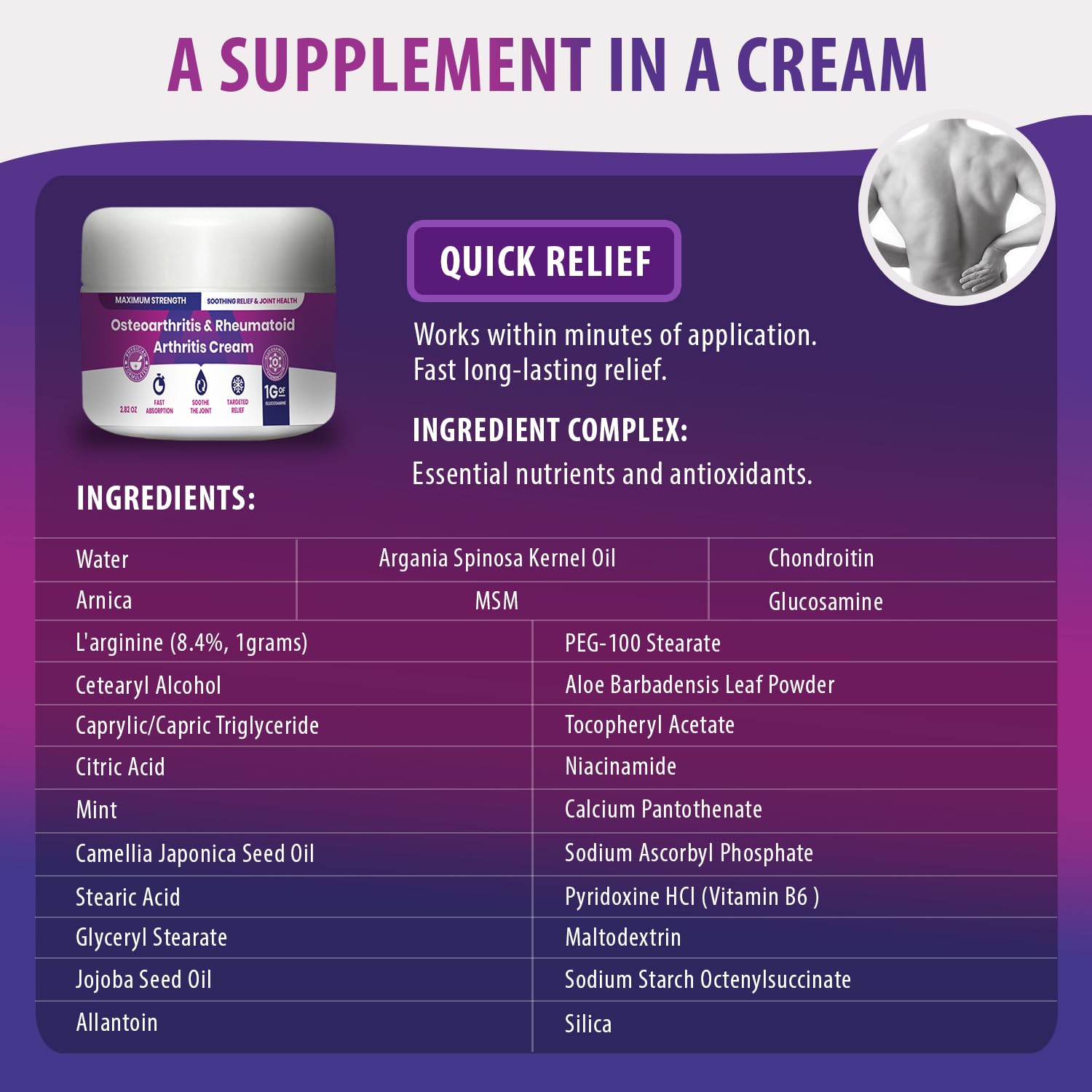 USA imported joint relief cream featuring glucosamine and arnica ingredients