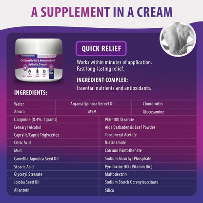 USA imported joint relief cream featuring glucosamine and arnica ingredients