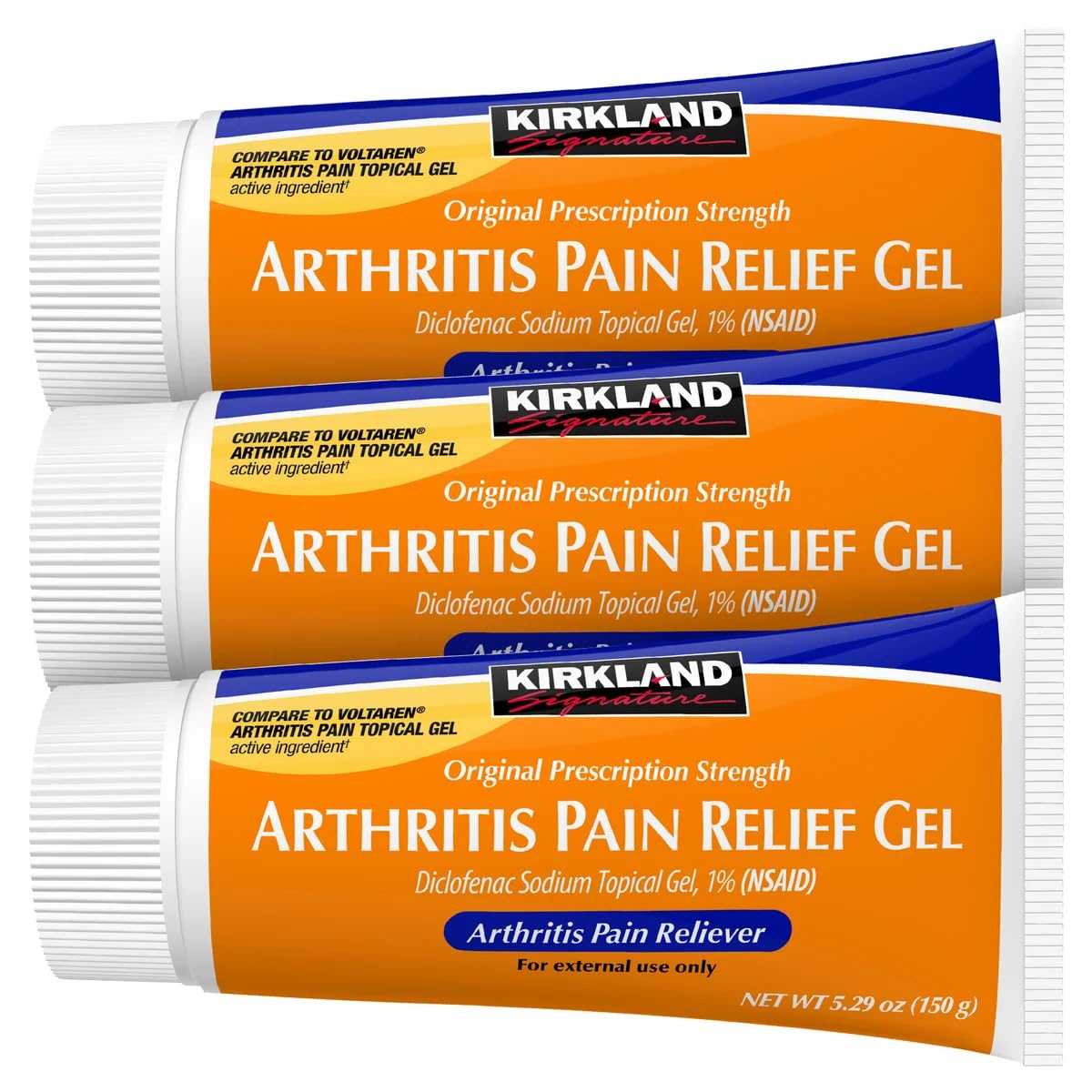 Three pack of Kirkland Signature arthritis pain relieving gel tubes showing fifteen point eighty seven ounce total weight
