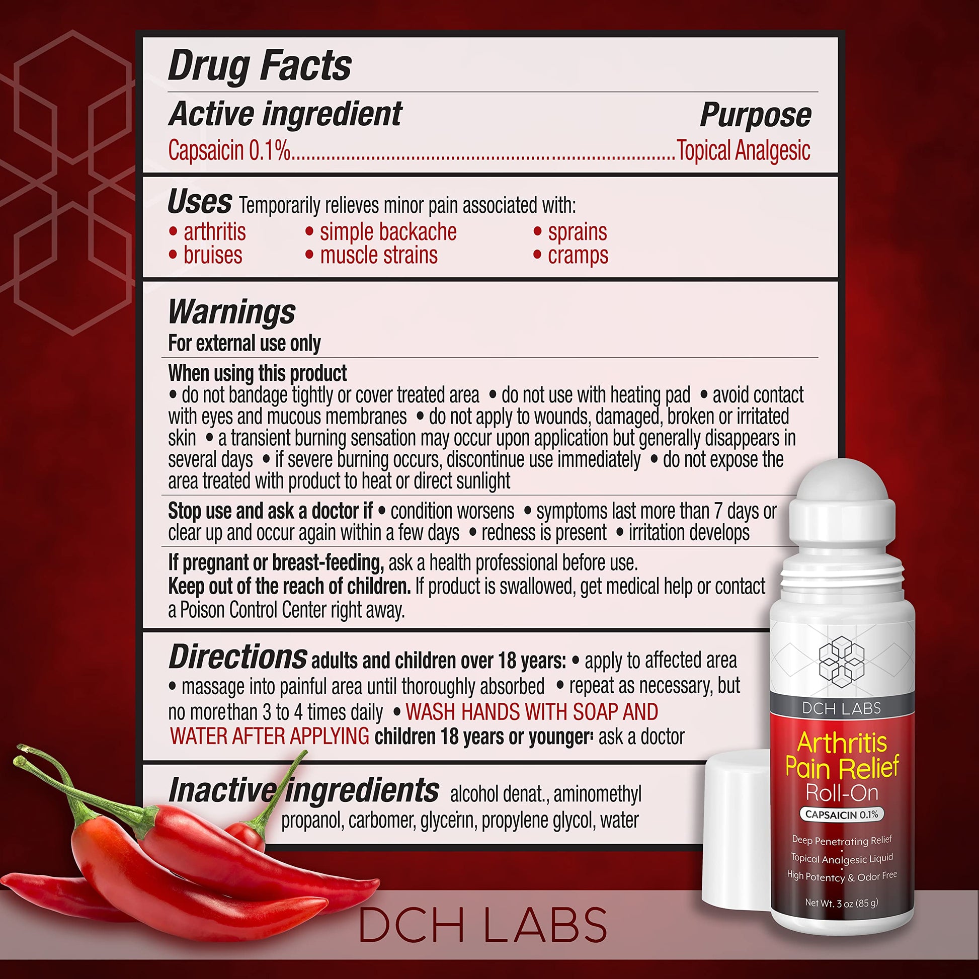 DCH Labs Capsaicin 0.1 percent topical analgesic roll on bottle for muscle pain