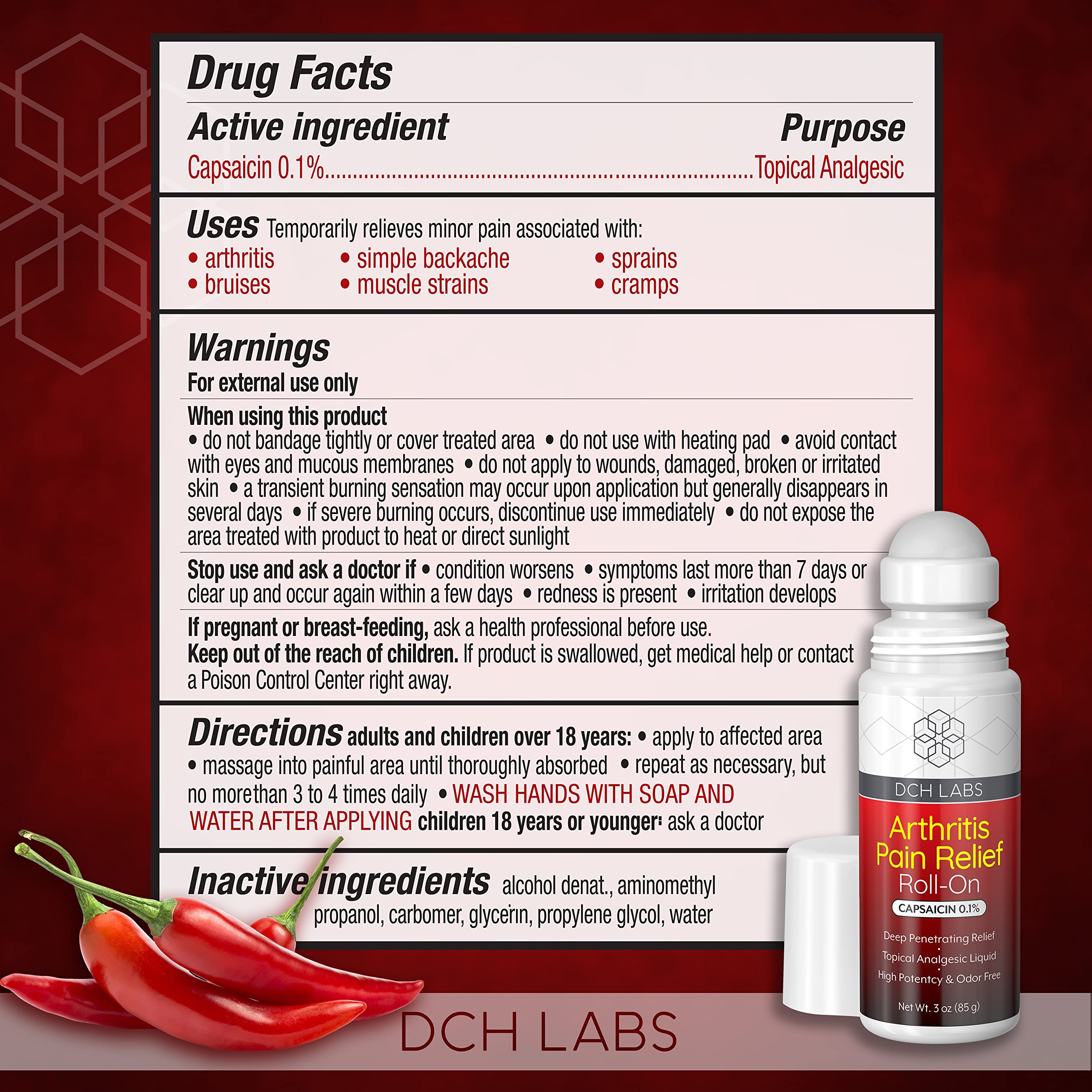 DCH Labs Capsaicin 0.1 percent topical analgesic roll on bottle for muscle pain