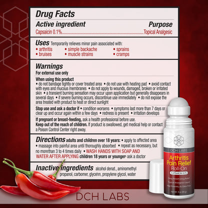 DCH Labs Capsaicin 0.1 percent topical analgesic roll on bottle for muscle pain