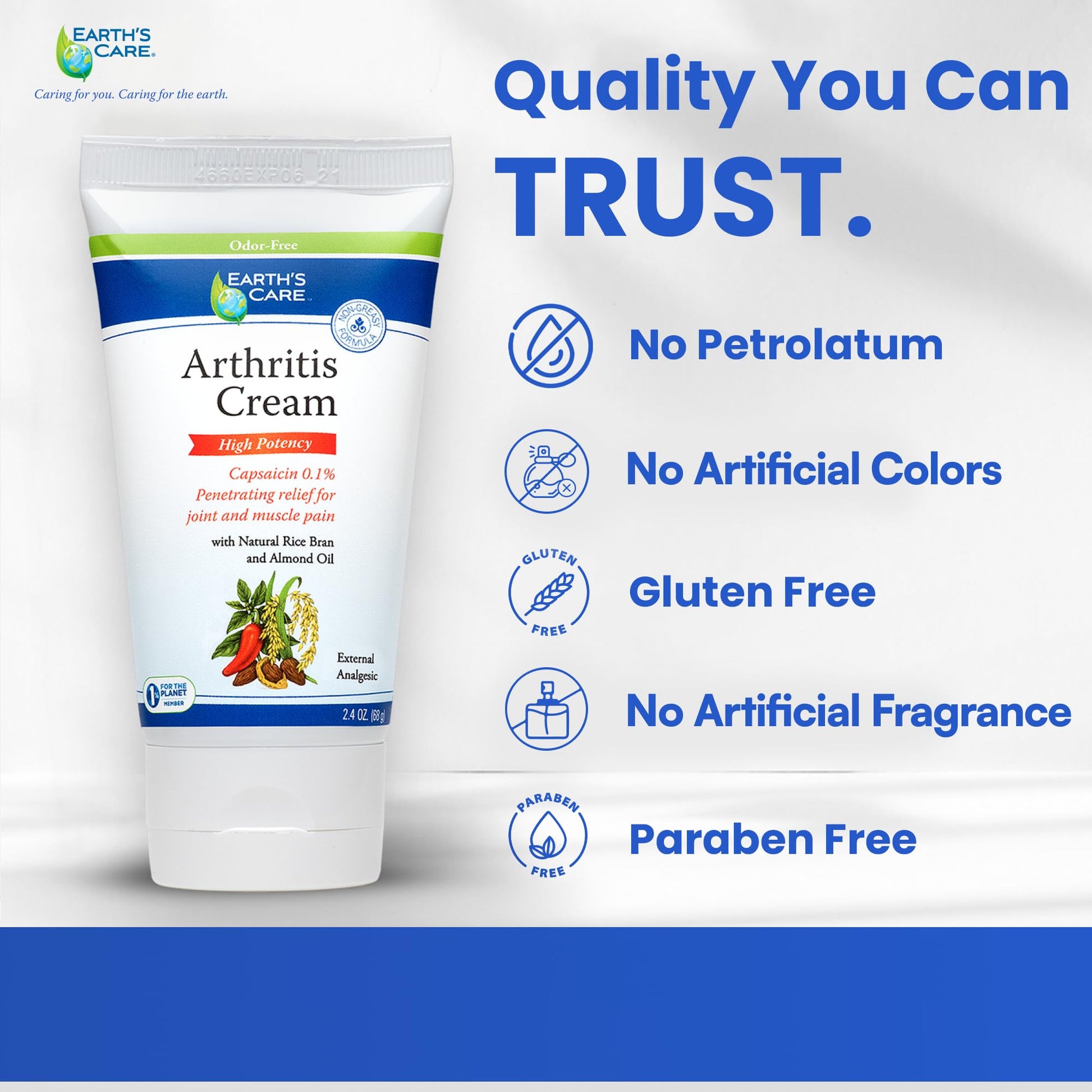 Earth's Care capsaicin 0.1 percent cream tube on a white background for muscle aches