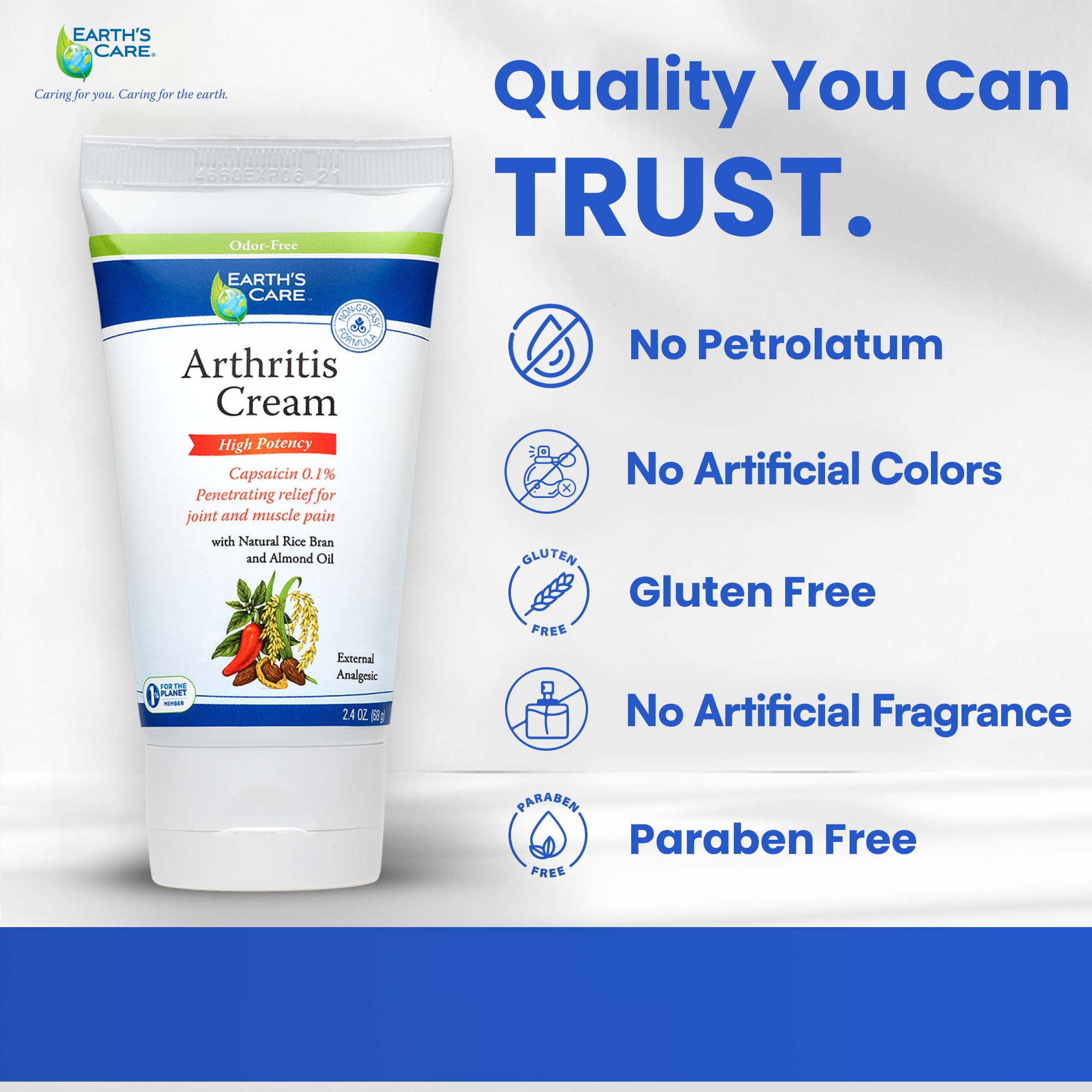 Earth's Care capsaicin 0.1 percent cream tube on a white background for muscle aches