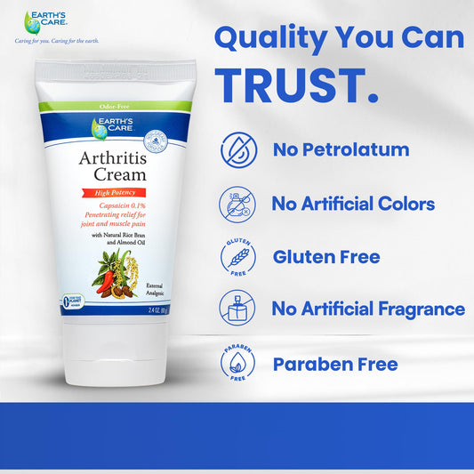 Earth's Care capsaicin 0.1 percent cream tube on a white background for muscle aches