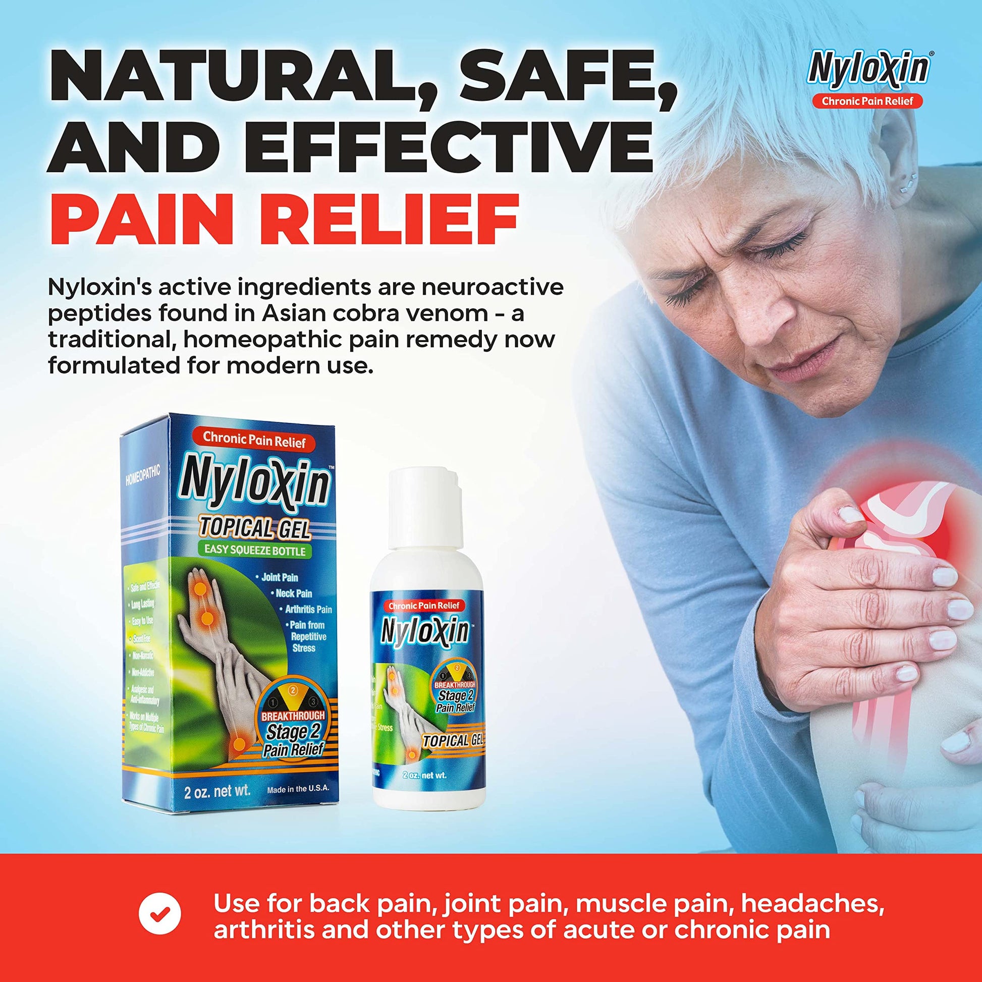 Authentic USA imported Nyloxin joint pain gel packaging details