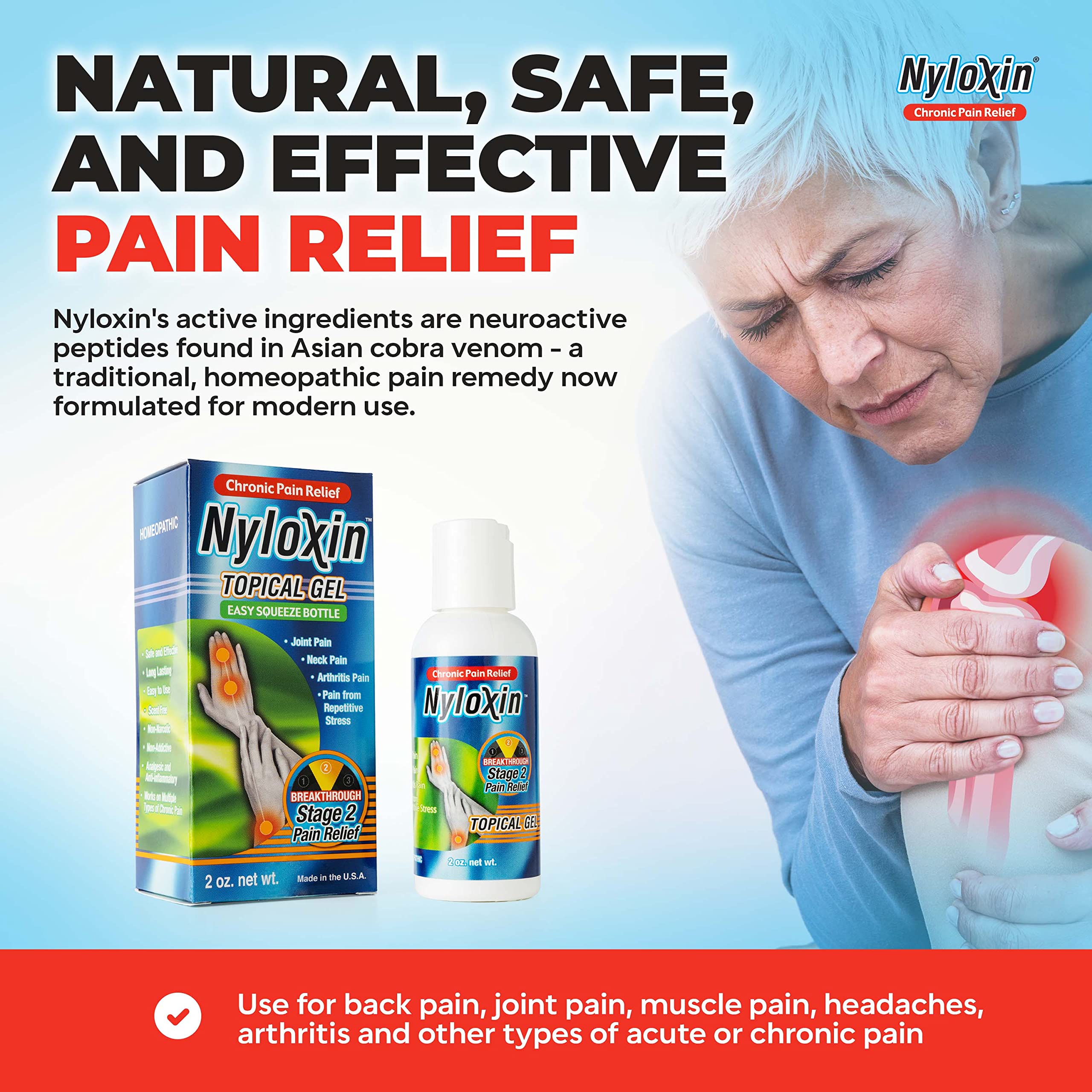 Authentic USA imported Nyloxin joint pain gel packaging details