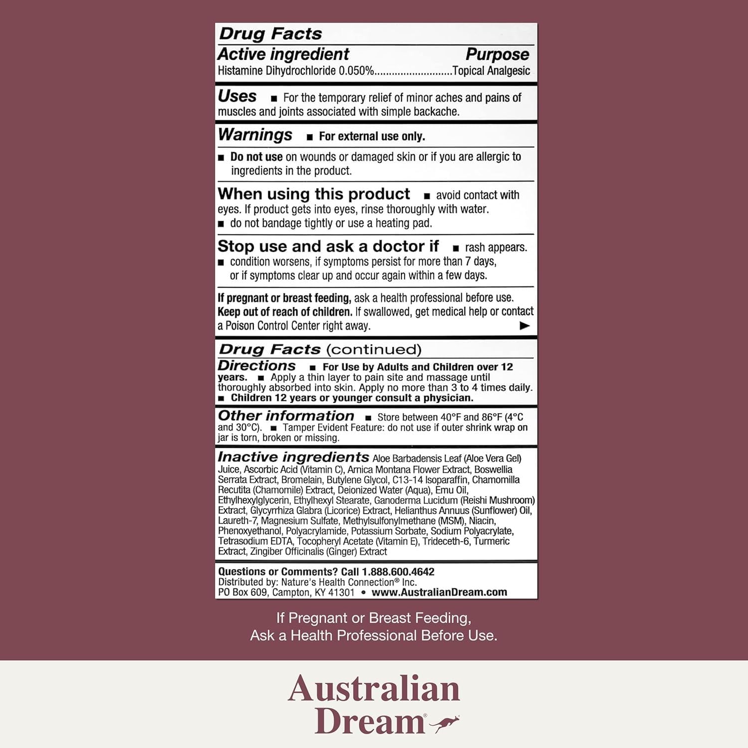 Australian Dream non greasy muscle pain relief topical cream packaging
