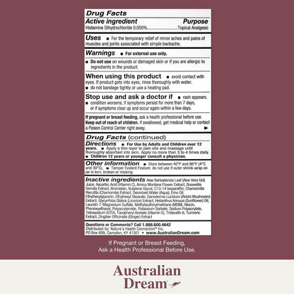 Australian Dream non greasy muscle pain relief topical cream packaging