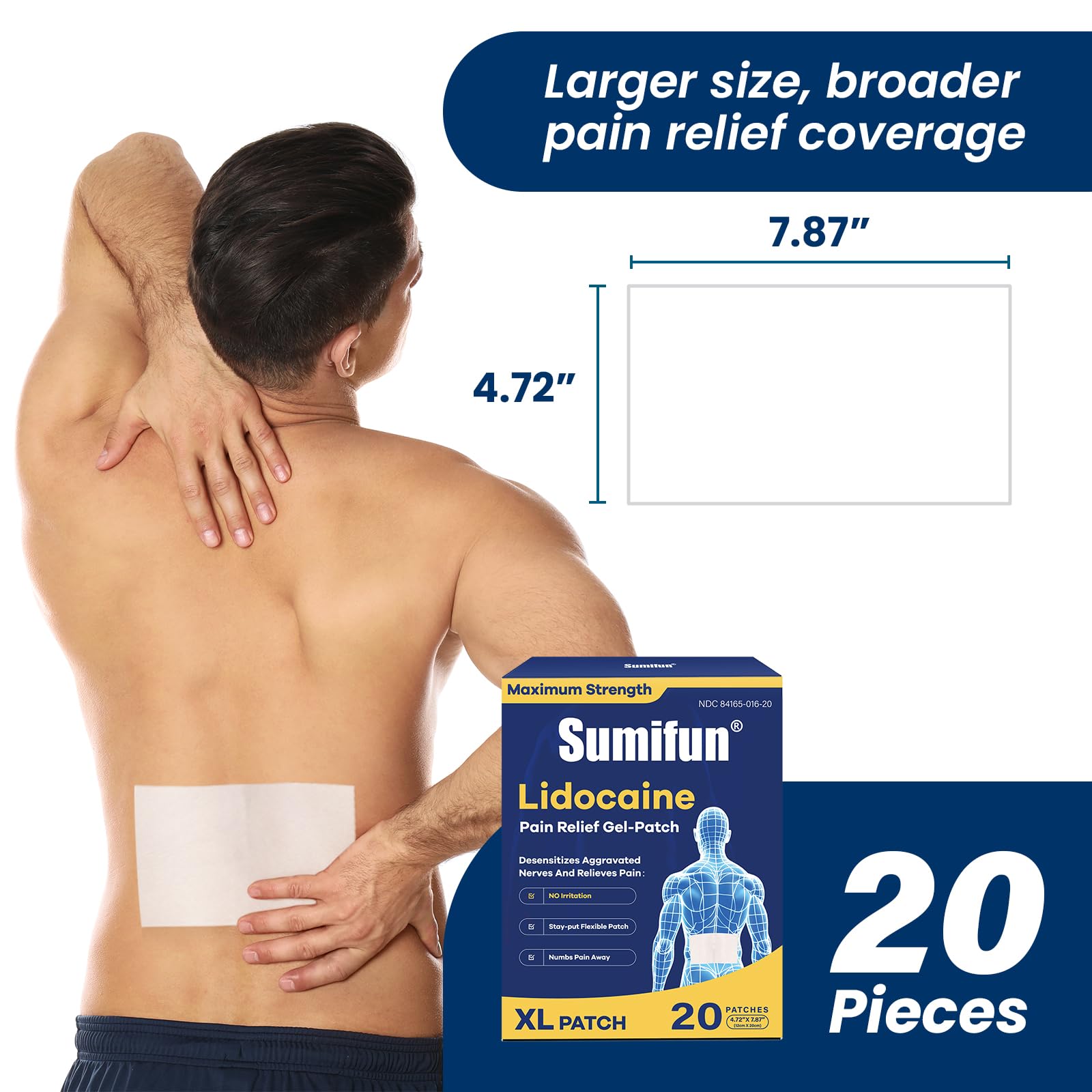 Sumifun 4 percent lidocaine gel patch dimensions displaying the extra large size for full back application