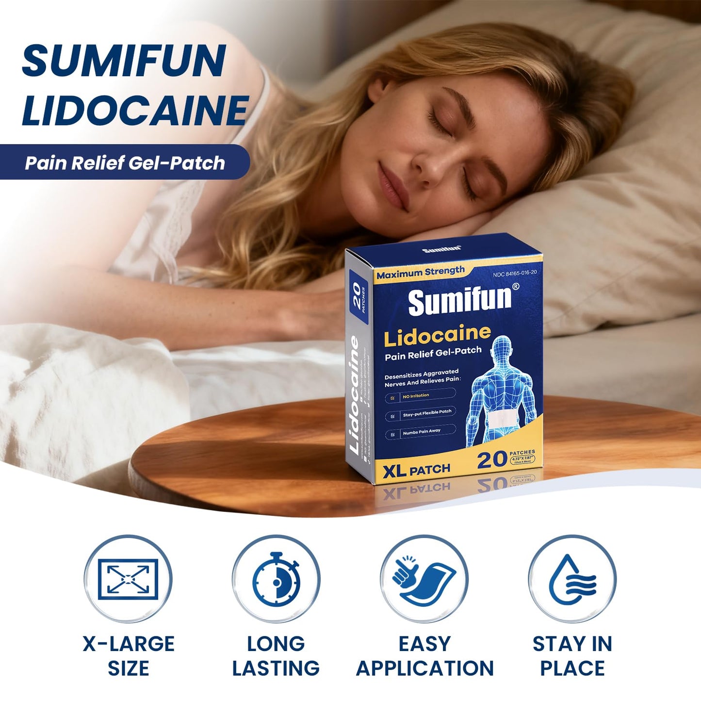 Back view of Sumifun XL pain patch box highlighting medical ingredients and safe usage instructions