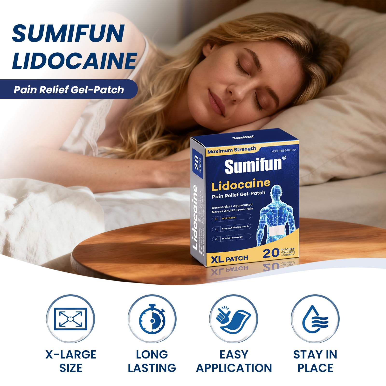 Back view of Sumifun XL pain patch box highlighting medical ingredients and safe usage instructions