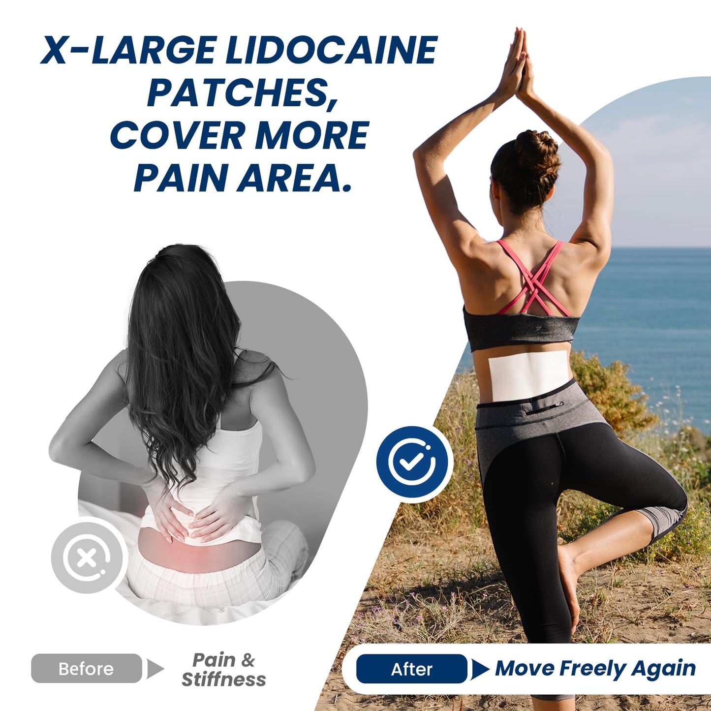 Sumifun pain relief patch applied to human lower back showing extensive area coverage and secure skin adhesion
