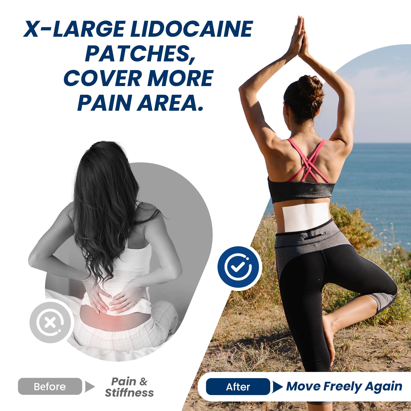 Sumifun pain relief patch applied to human lower back showing extensive area coverage and secure skin adhesion