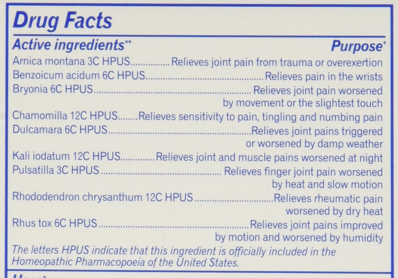 Back label view showing ingredients of USA imported Arnicare arthritis pills