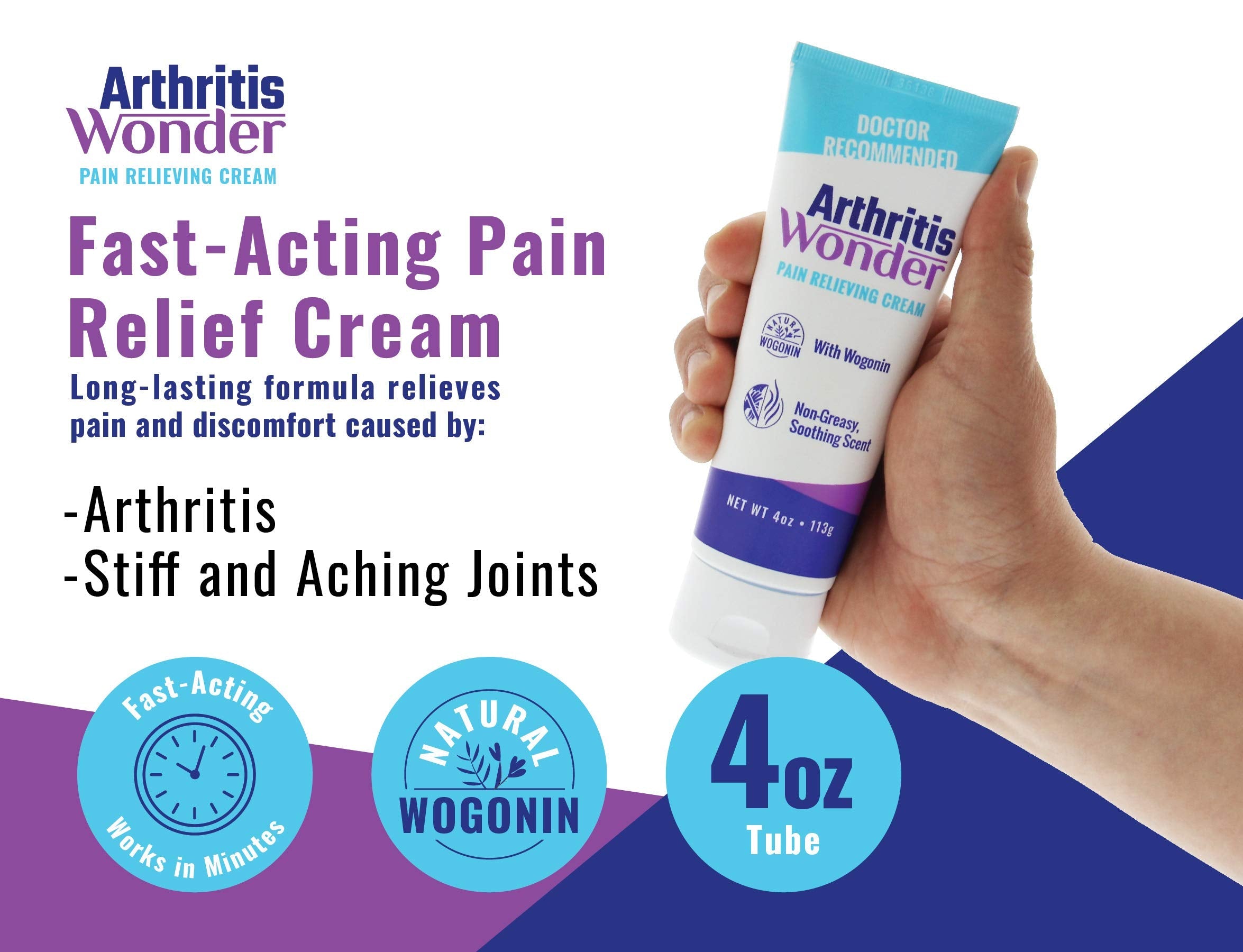 Arthritis Wonder topical cream tube displaying natural wogonin formula details for knee and hand pain