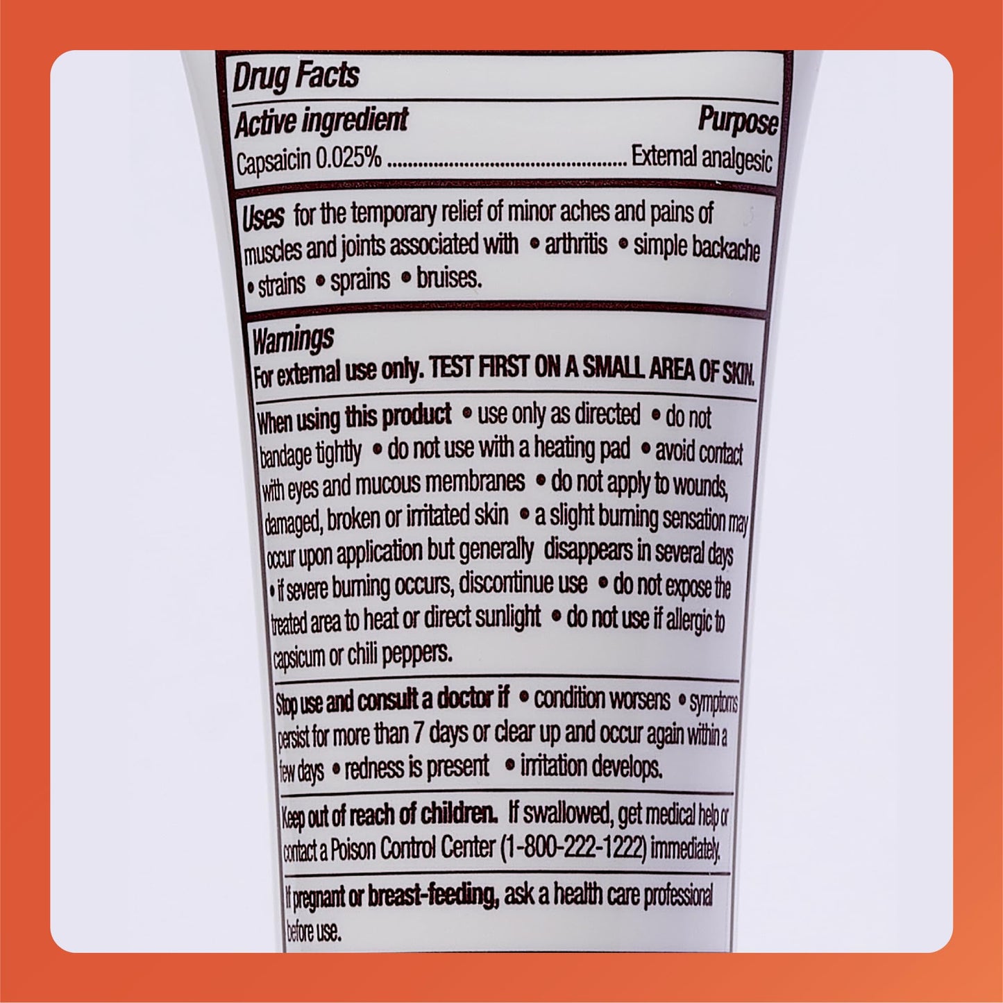 Side view of Rugby Capsaicin sixty gram tube highlighting drug facts