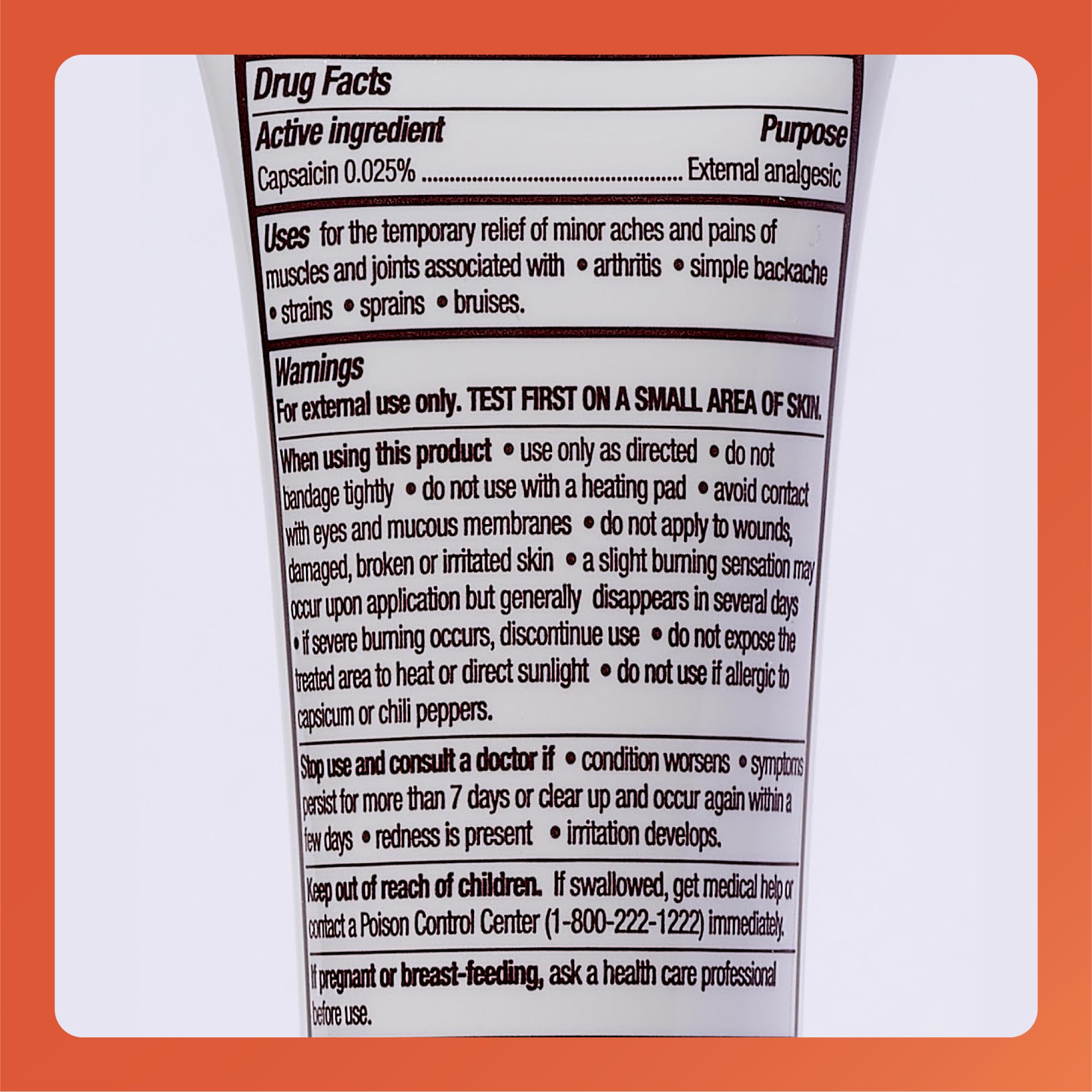 Side view of Rugby Capsaicin sixty gram tube highlighting drug facts