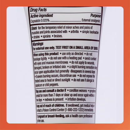 Side view of Rugby Capsaicin sixty gram tube highlighting drug facts