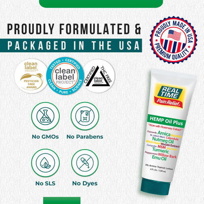 Real Time Pain Relief THC free formula specifications on four ounce lotion packaging
