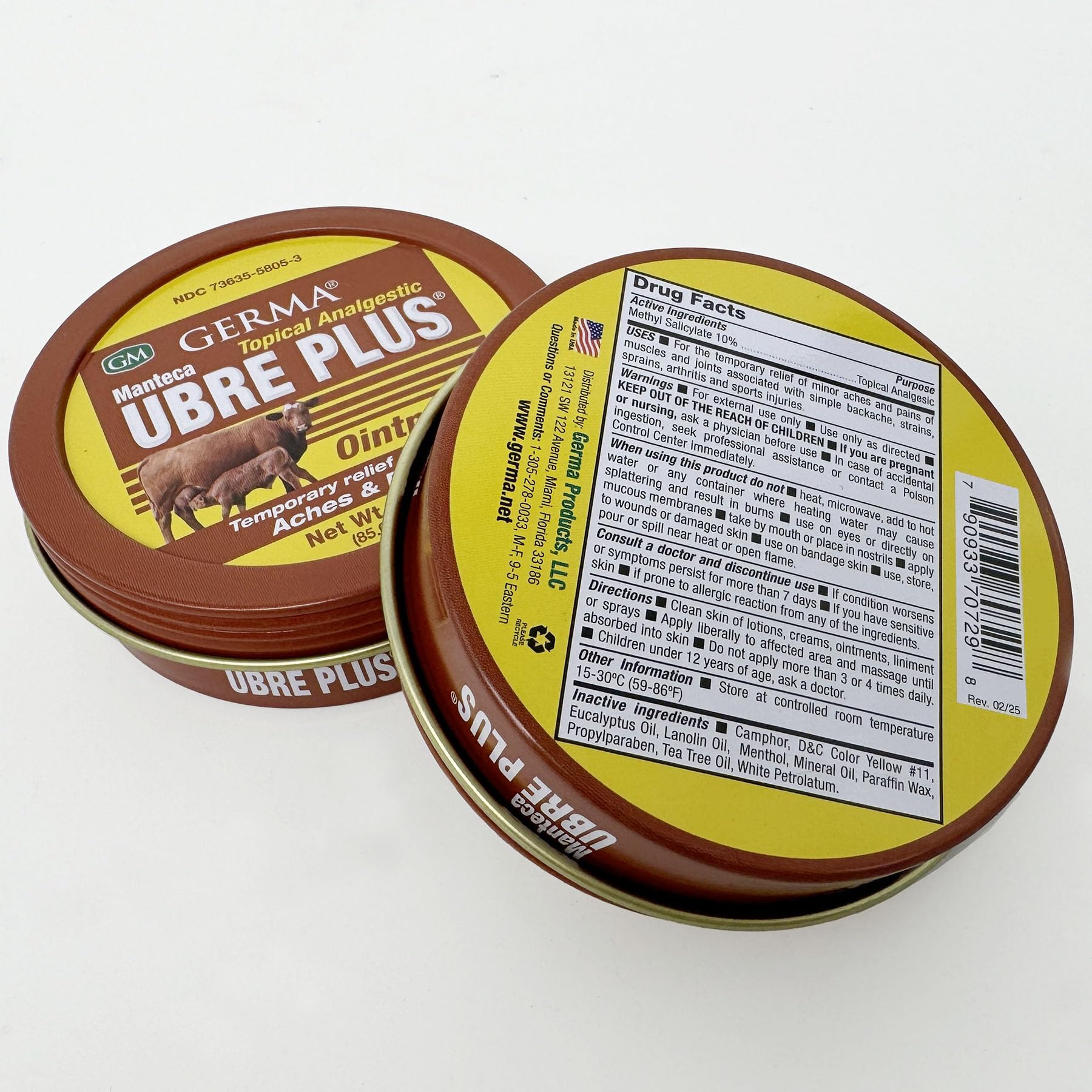 Germa Manteca Ubre Plus yellow formula analgesic ointment label showing product ingredients