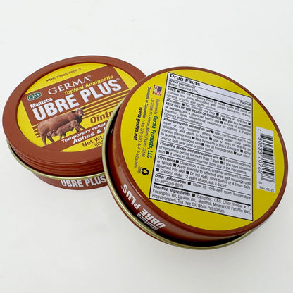 Germa Manteca Ubre Plus yellow formula analgesic ointment label showing product ingredients