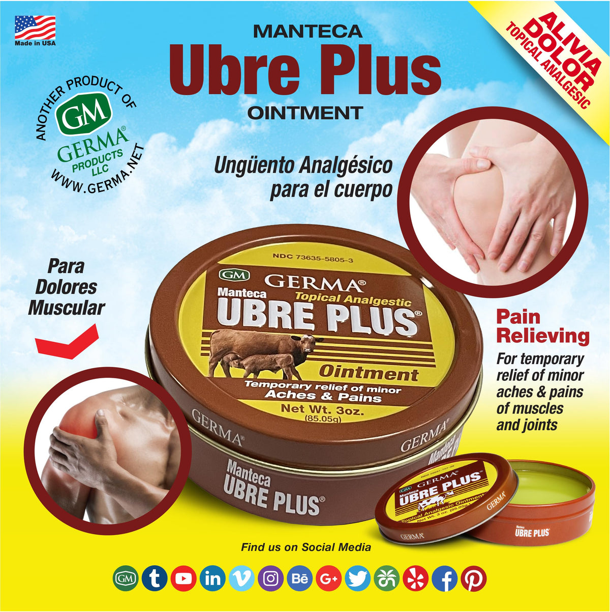 Germa Manteca Ubre Plus red label topical pain relief cream close up