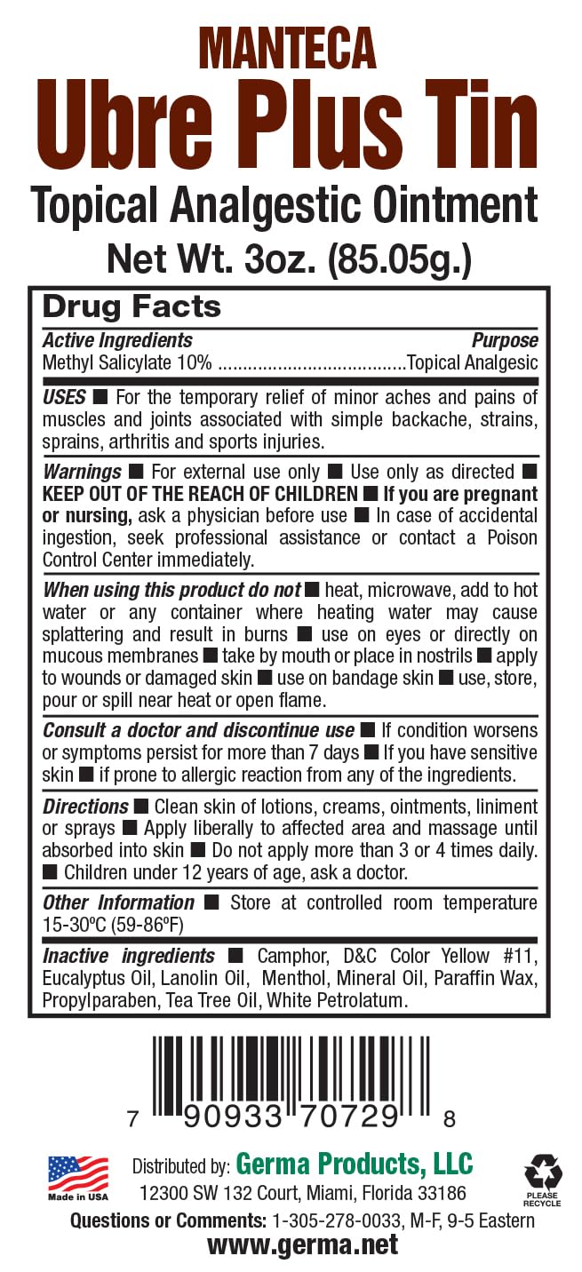 Back label directions and usage guidelines for Germa Manteca Ubre Plus ointment
