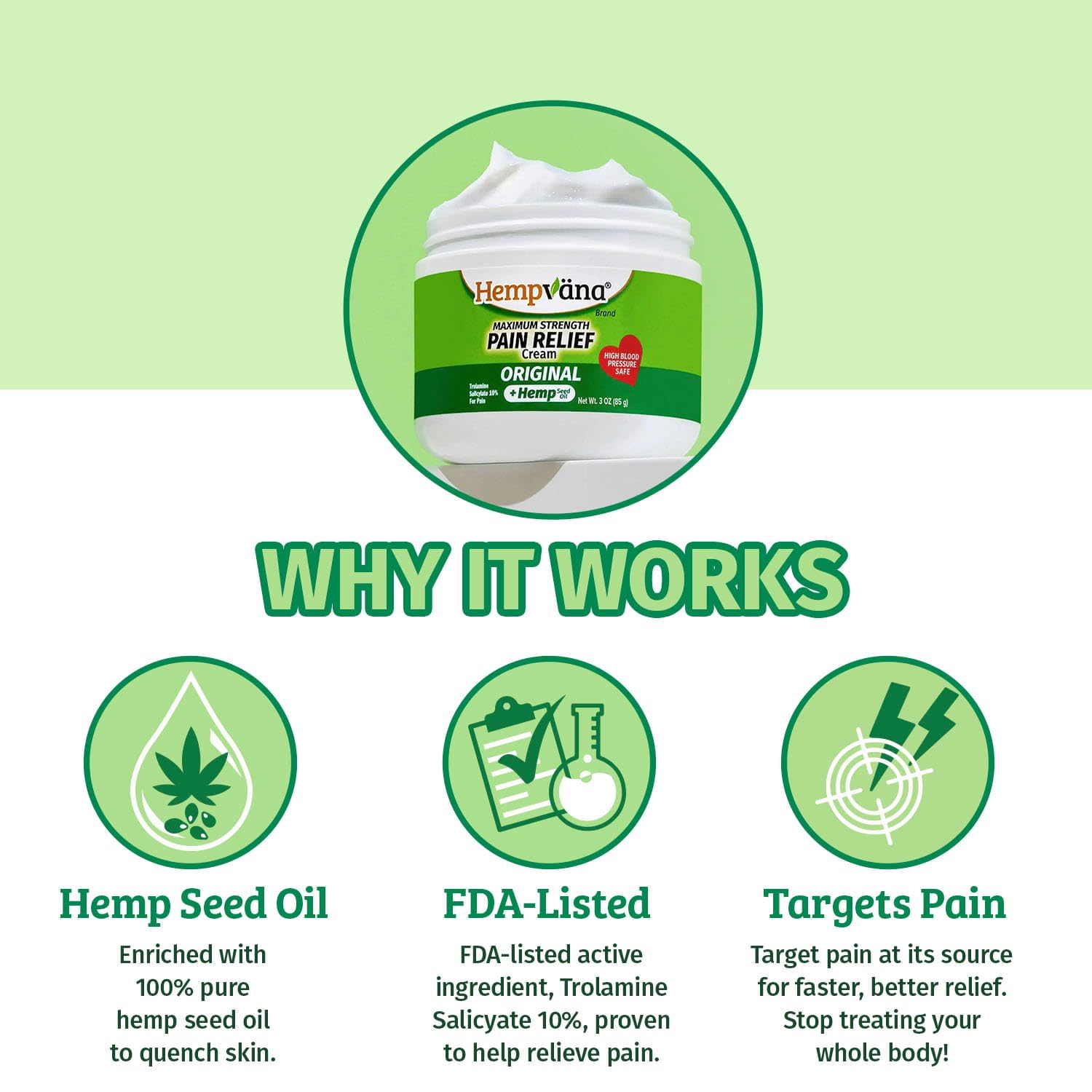 Hempvana pain relief cream bottles showing the hemp seed oil infusion label details.