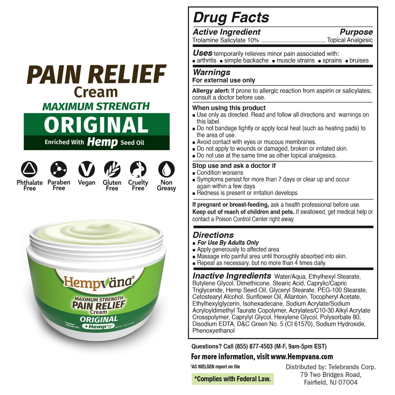 Vegan and paraben free certified logos on Hempvana relief cream packaging.