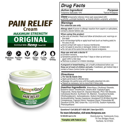 Vegan and paraben free certified logos on Hempvana relief cream packaging.