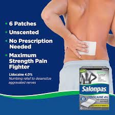 Salonpas Lidocaine topical anesthetic patch applied to a human lower back for targeted numbing relief