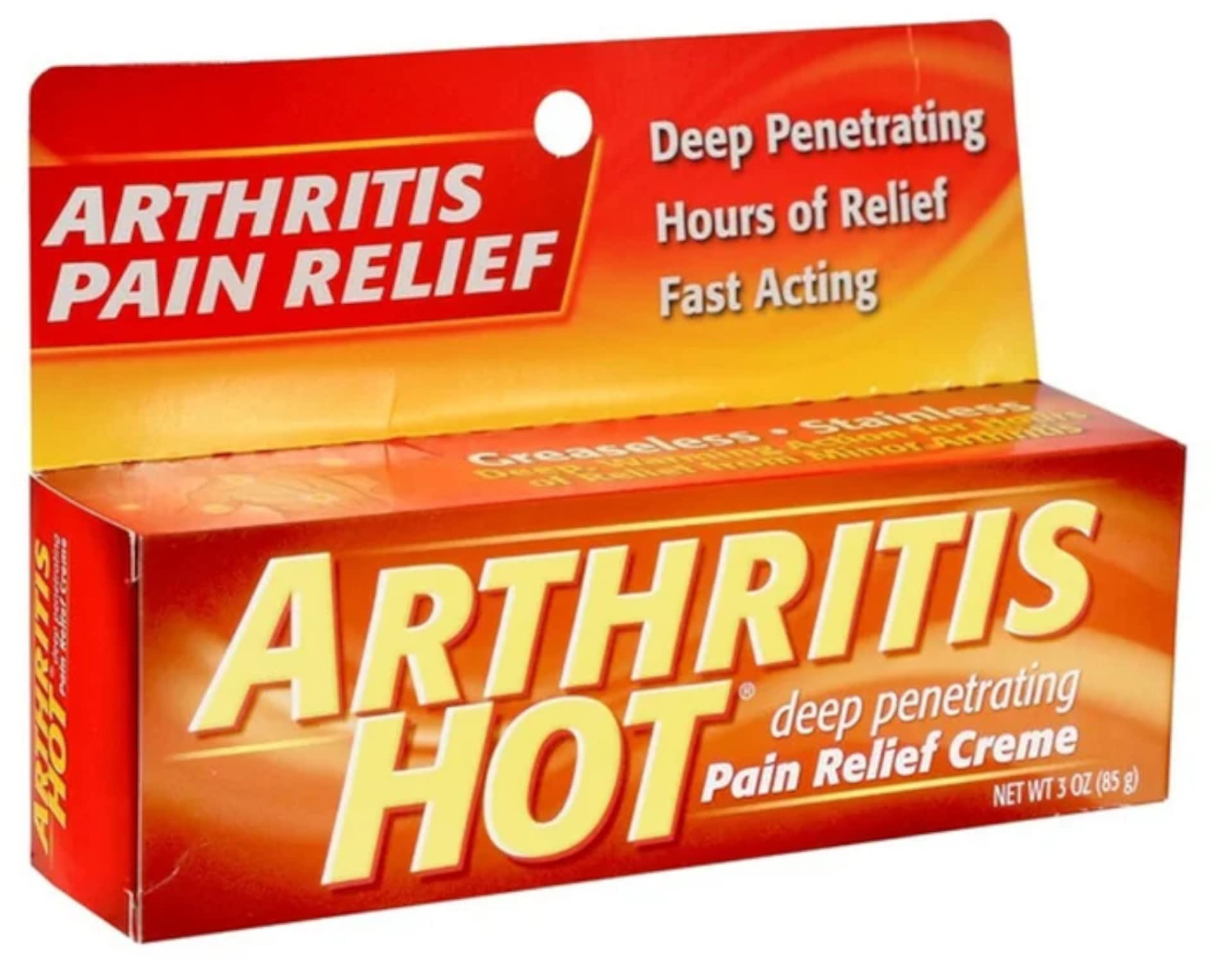 Arthritis Hot heating topical rub package details showing active ingredients and three ounce size