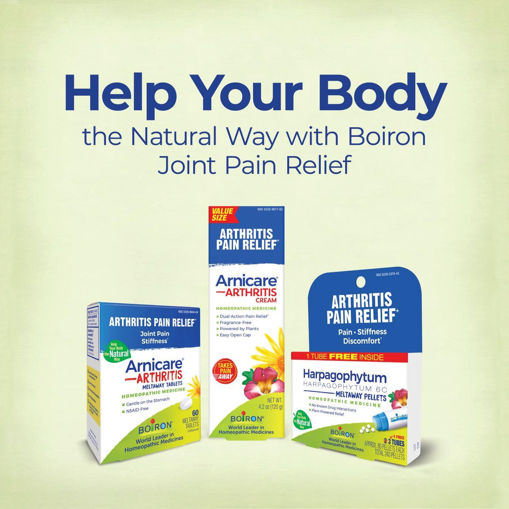 Side view of the imported Boiron pain relief topical showing usage instructions and warnings