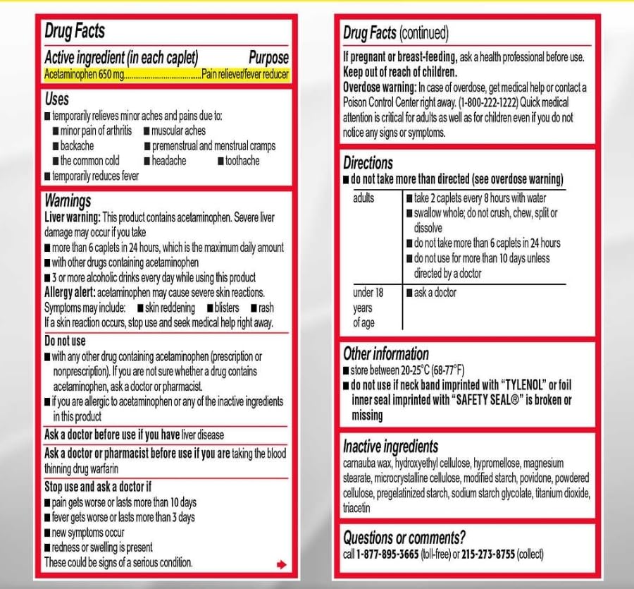 Tylenol 8 Hour Arthritis Pain 650 mg Acetaminophen 290 Caplets Pack of 2 packaging details