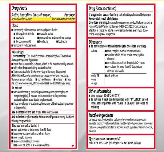 Tylenol 8 Hour Arthritis Pain 650 mg Acetaminophen 290 Caplets Pack of 2 packaging details