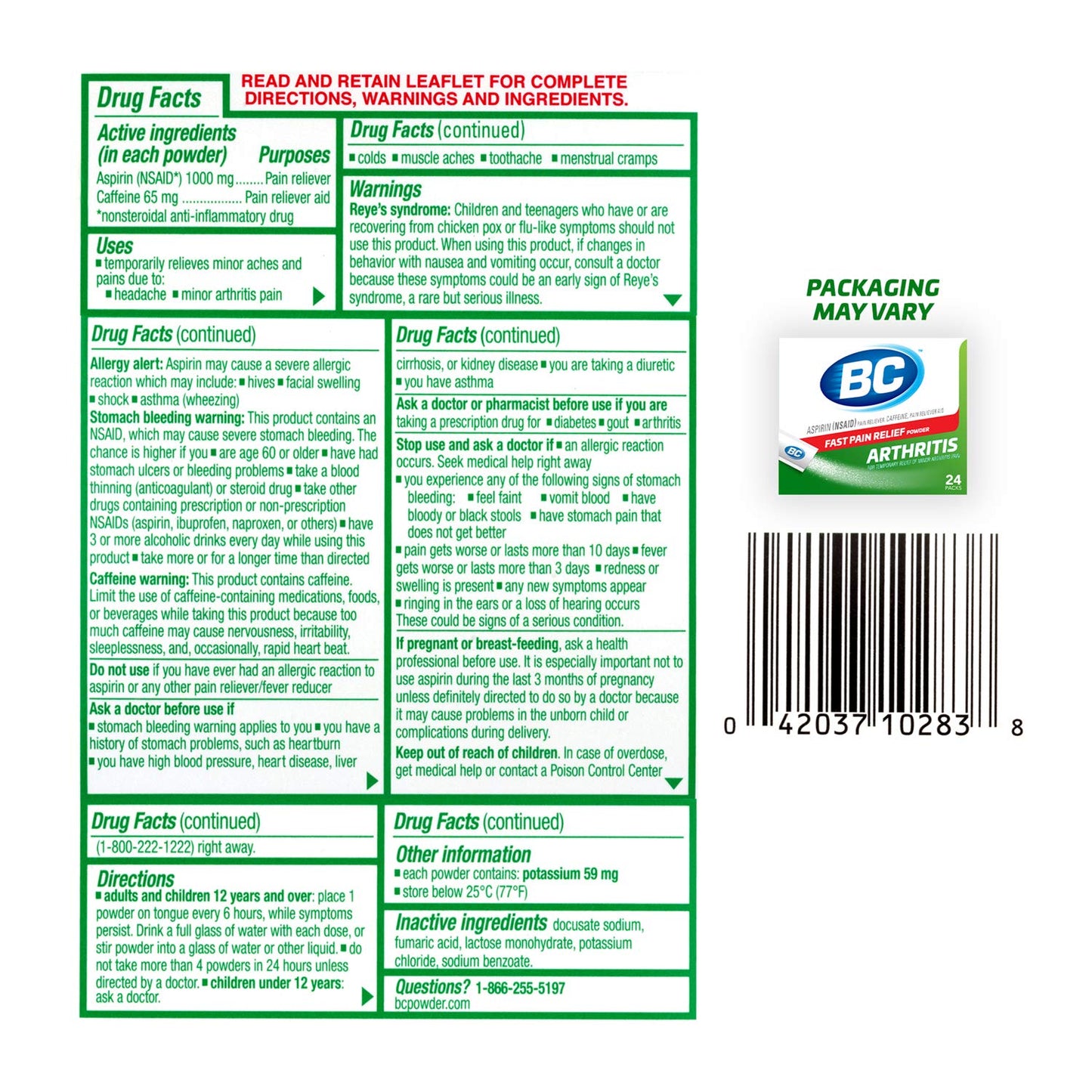 BC Powder fast acting over the counter pain relief stick pack layout.