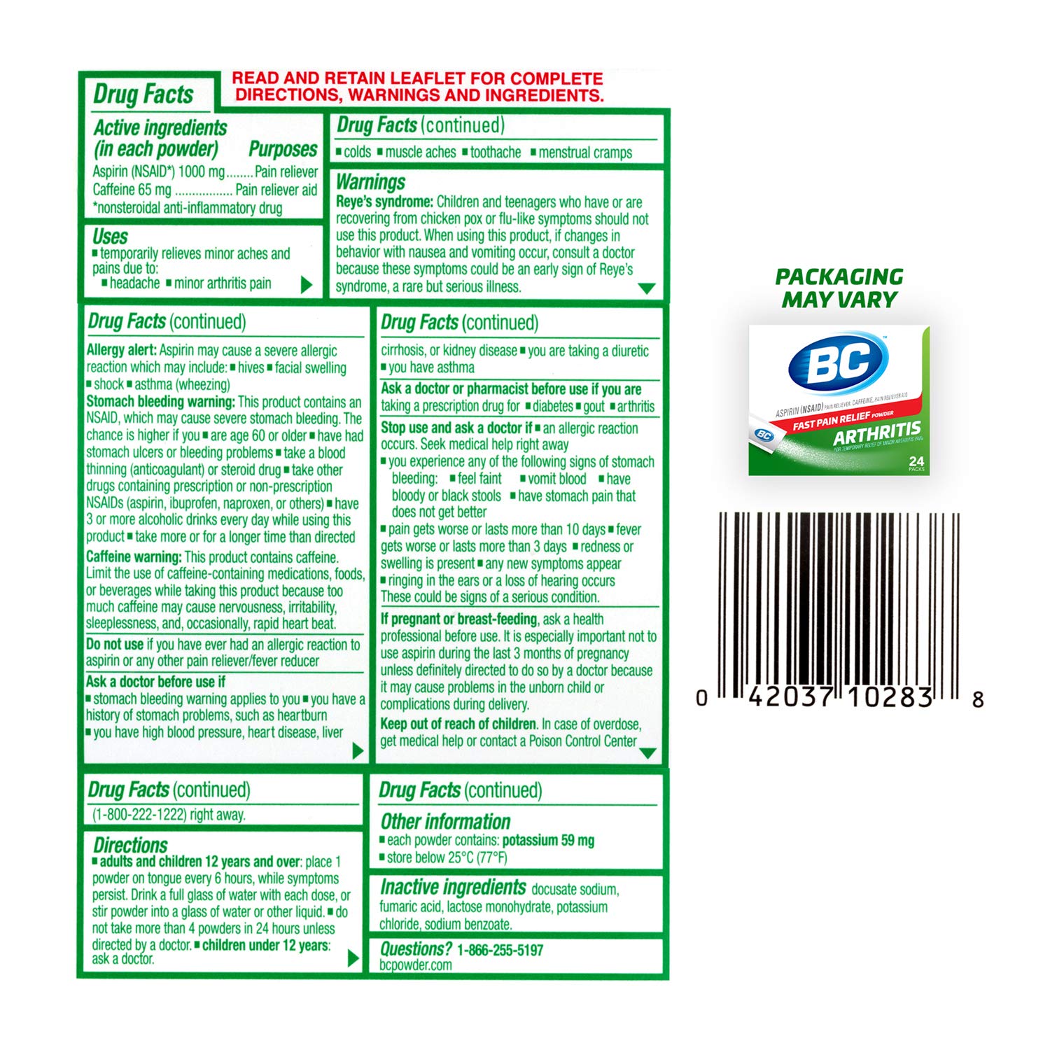BC Powder fast acting over the counter pain relief stick pack layout.