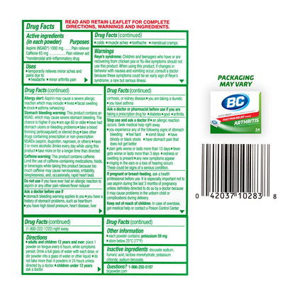 BC Powder fast acting over the counter pain relief stick pack layout.