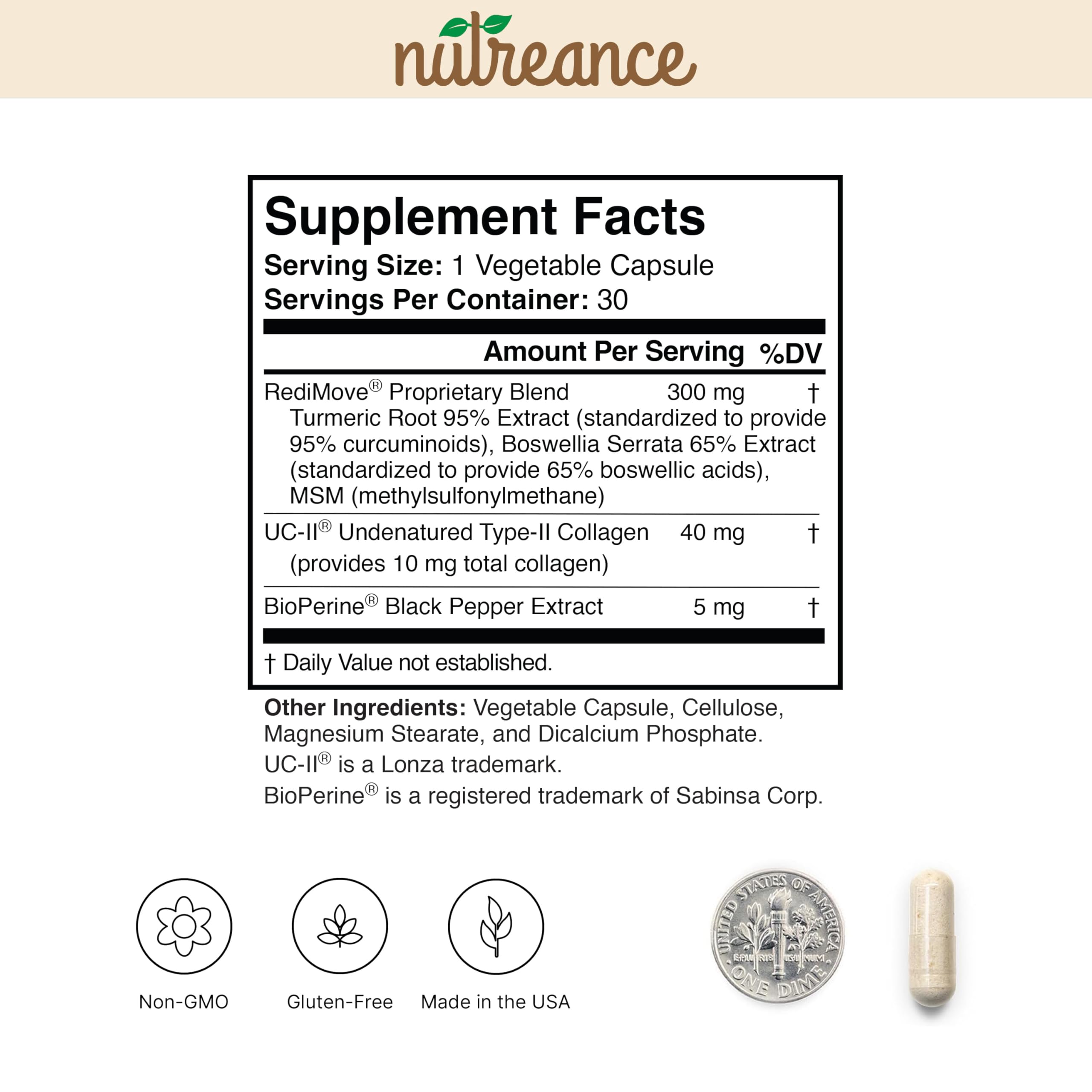 RediMove authentic USA imported joint care capsules ingredients panel