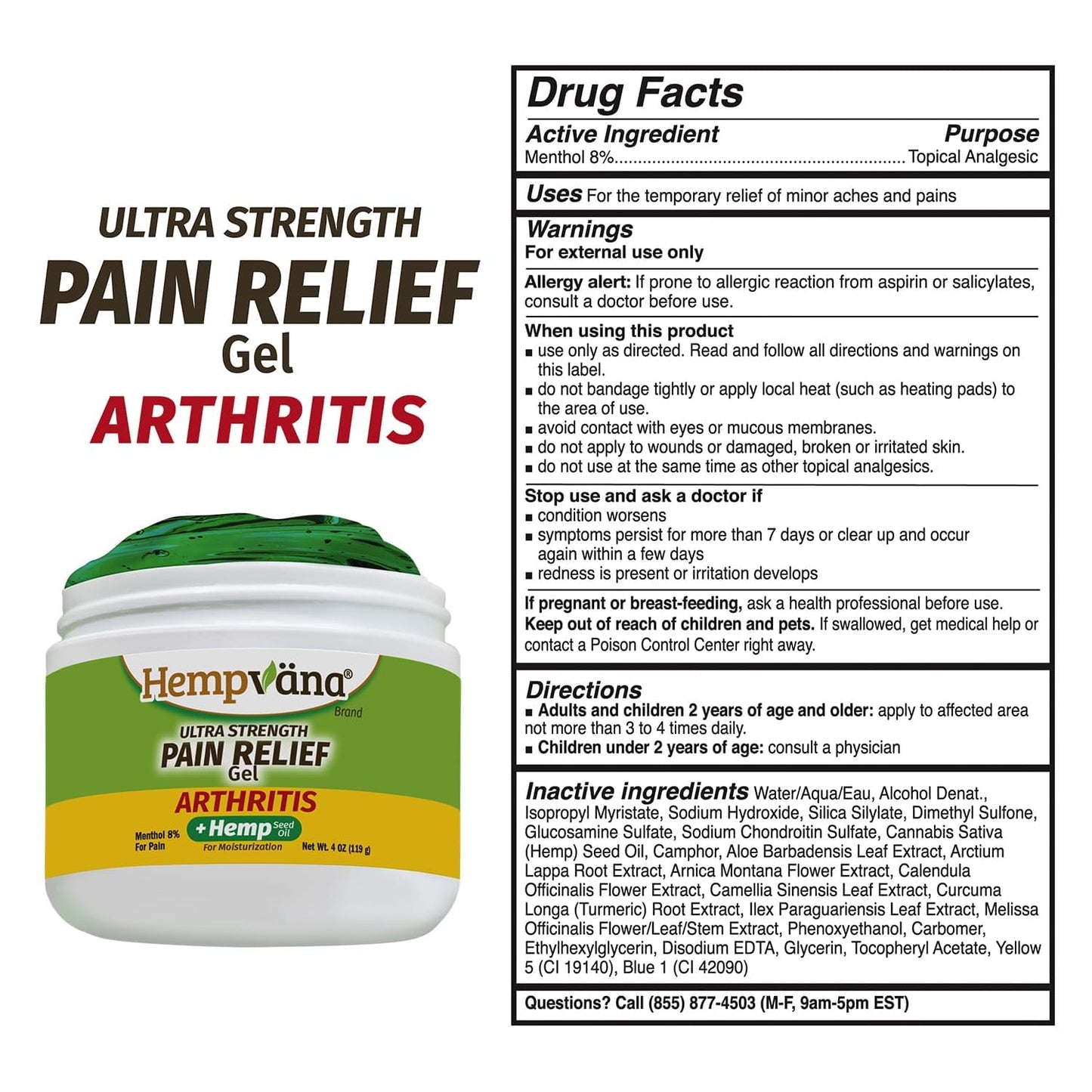 Hempvana arthritis relief gel with eight percent menthol and hemp seed oil packaging