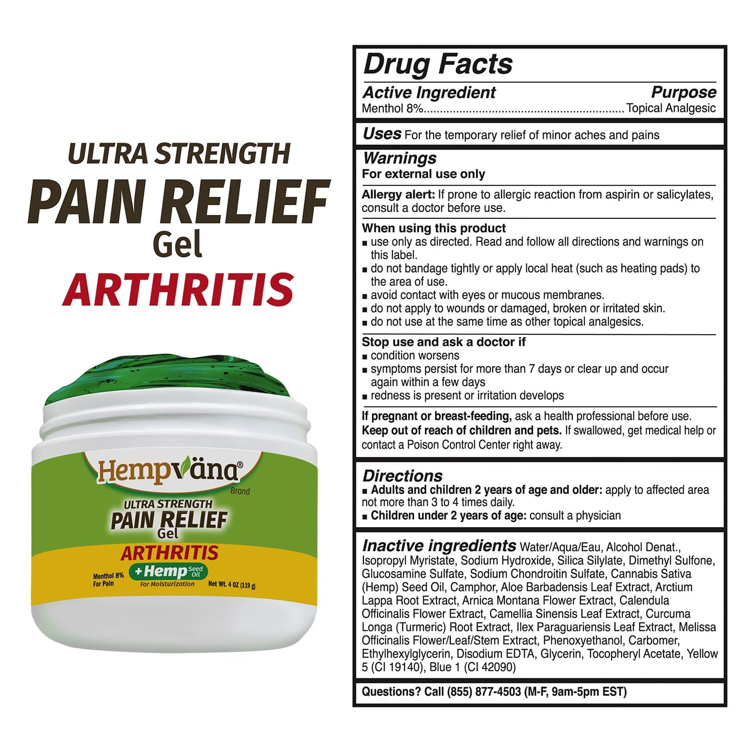 Hempvana arthritis relief gel with eight percent menthol and hemp seed oil packaging
